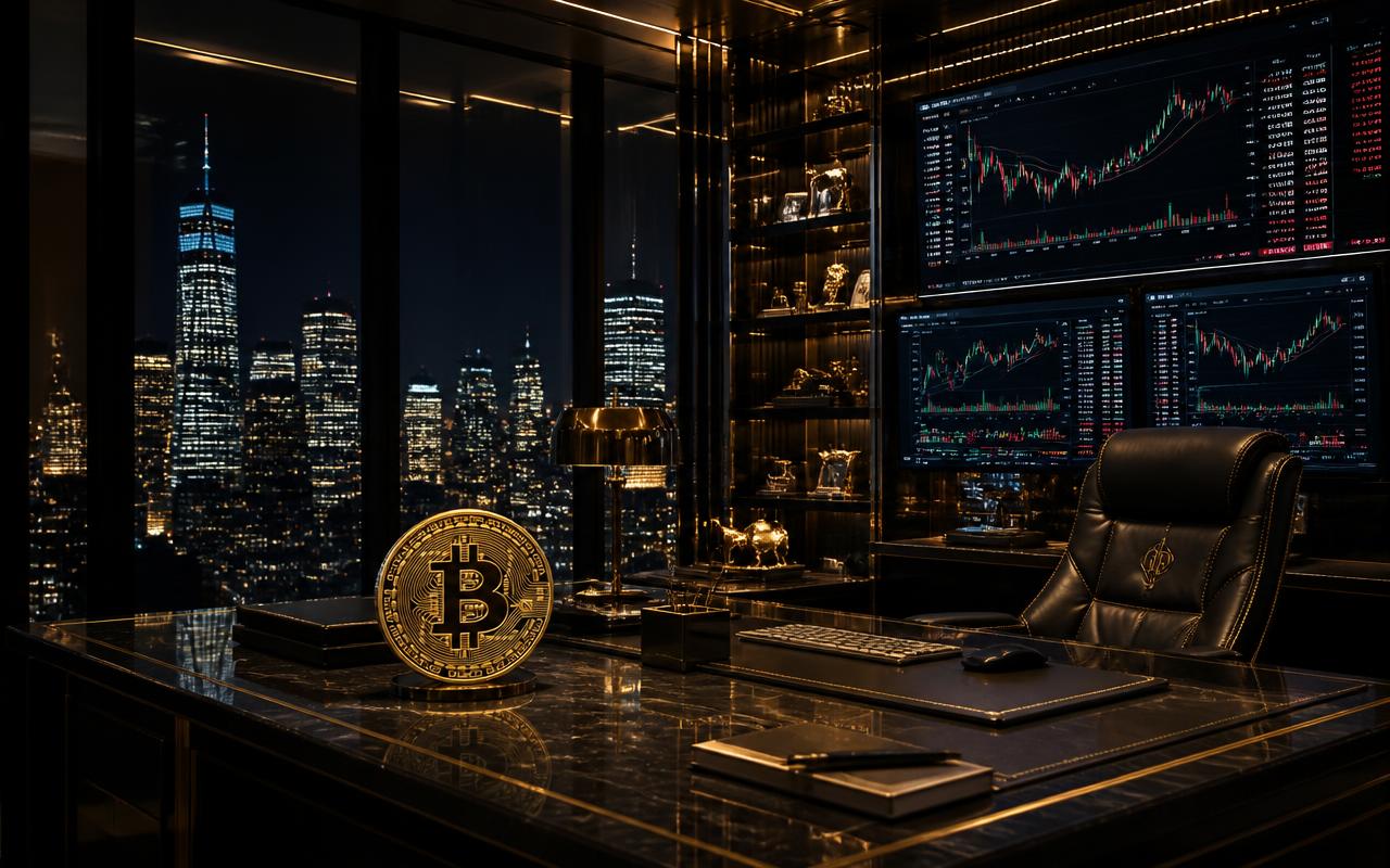 مكتب فاخر يطلّ على ناطحات السحاب مع شاشات تحليل للعملات الرقمية